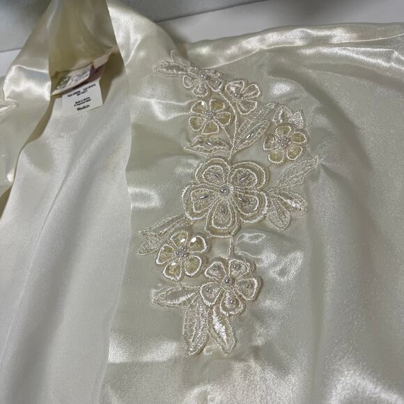 Vintage Bridal Floral Slip Dress Robe Set Ivory White Medium Peignoir Lace Satin - Picture 11 of 15